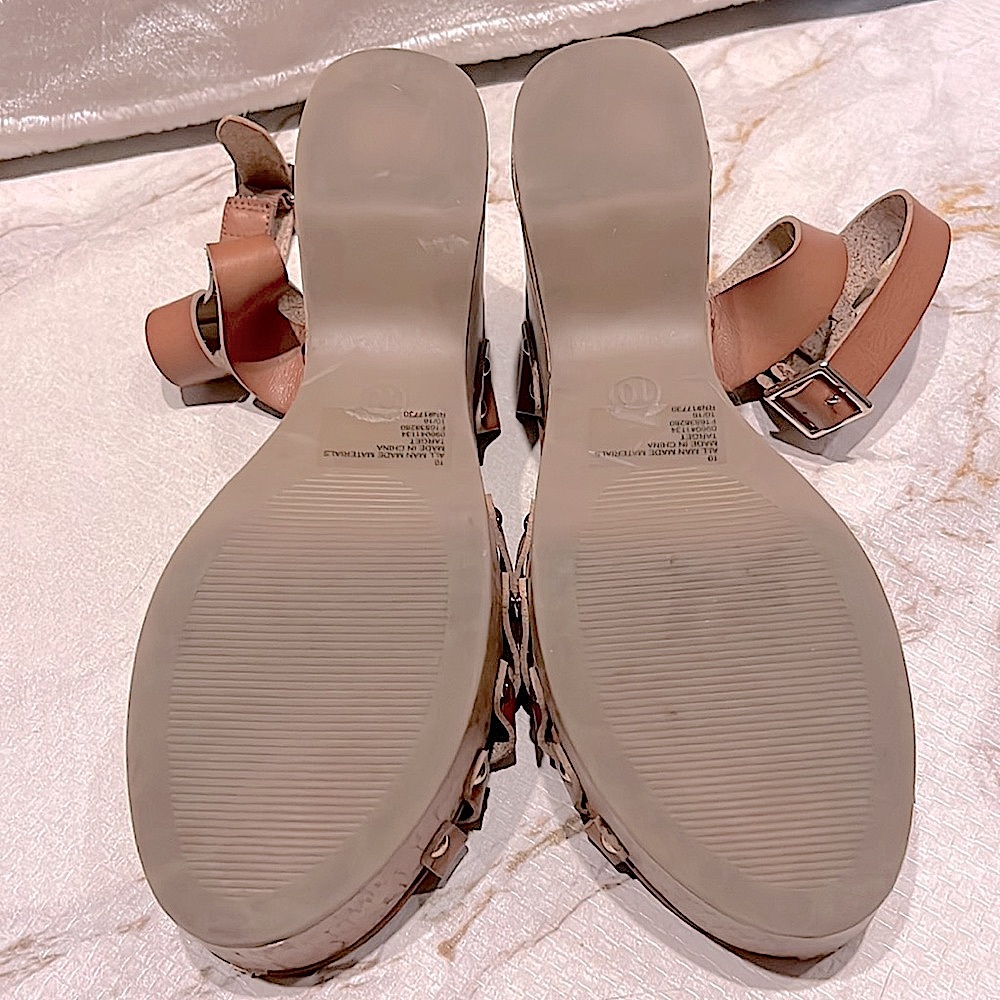 LK NW MOSSIMO 👡 FAUX BROWN LEATHER 4” CORK HEEL PLATFORM WEDGE SANDALS Womens 10 - Picture 13 of 16